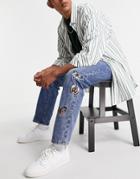 Mennace Baggy Jeans In Vintage Blue With Butterfly Embroidery - Part Of A Set-blues