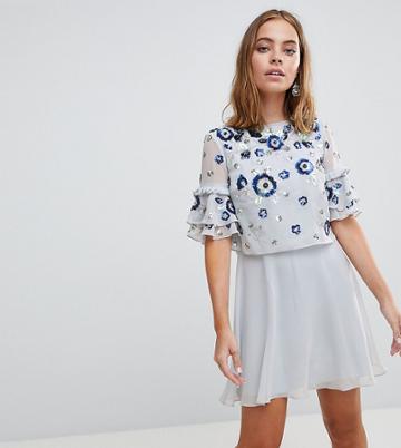 Frock And Frill Petite Premium Embellished Mini Tiered Skater Dress - Blue