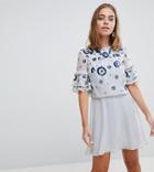 Frock And Frill Petite Premium Embellished Mini Tiered Skater Dress - Blue