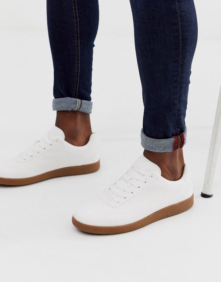 Asos Design Lace Up Sneakers In White Faux Suede With Gum Sole