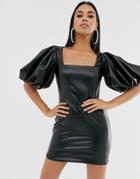 Asos Design Milkmaid Bubble Sleeve Pu Mini Dress - Black