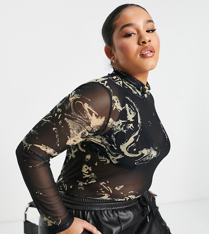 Pieces Curve High Neck Mesh Top In Black Marble-multi