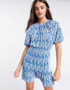 Asos Design Plisse Mini Tiered Dress In Blue Daisy Print-blues