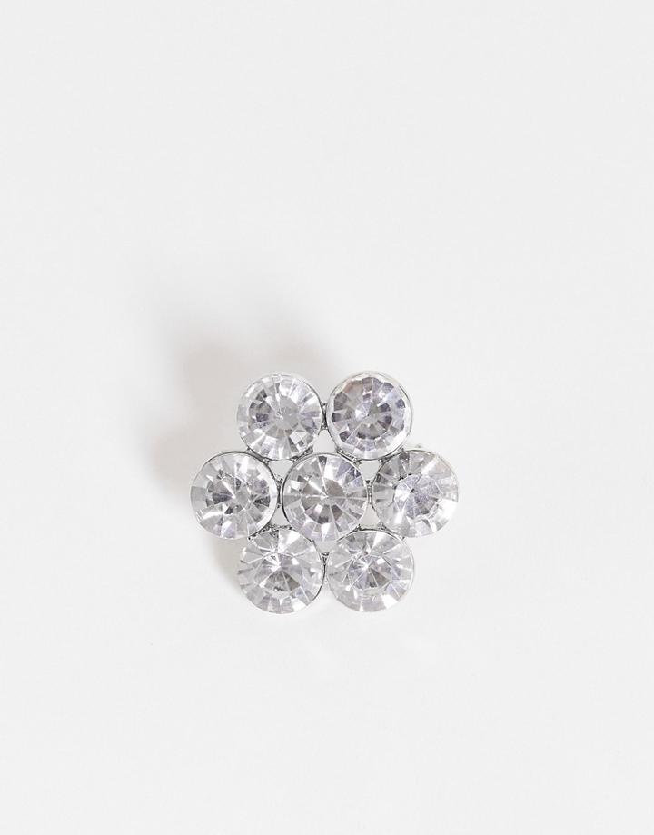 Asos Design Wedding Crystal Flower Brooch In Silver Tone