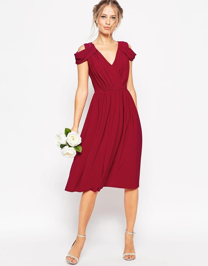 Asos Wedding Drape Cold Shoulder Midi Dress - Wine