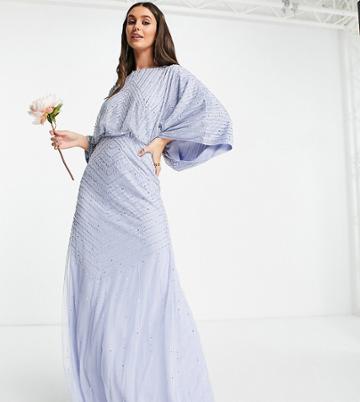 Frock And Frill Tall Bridesmaid Maxi Dress With Exaggerated Sleeves In Blue