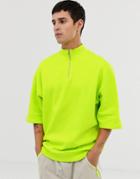 Asos Design Oversized Short Sleeve Sweatshirt With Zip Neck In Bright Green - Green