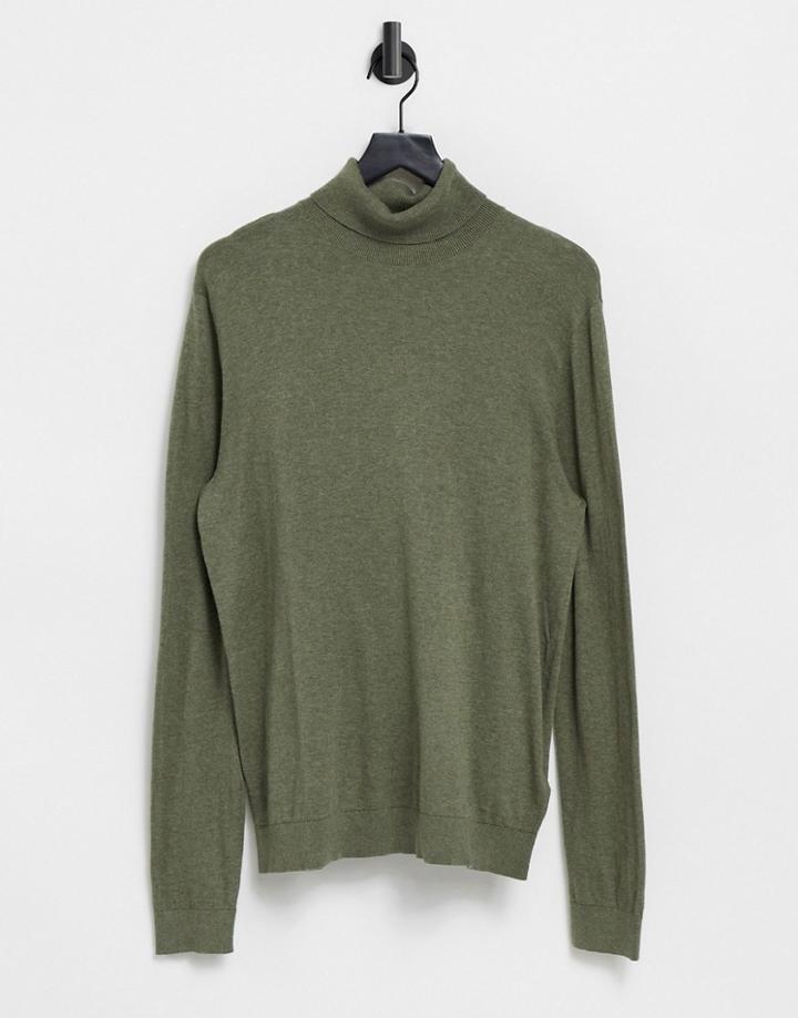 Topman Organic Essential Roll Neck Knitted Sweater In Olive-green
