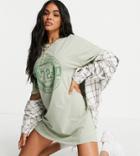 Missguided Oversized T-shirt Dress With Sports Logo In Sage-green