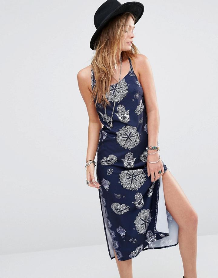 Kiss The Sky Cross Back Midi Cami Dress In Festival Print - Blue