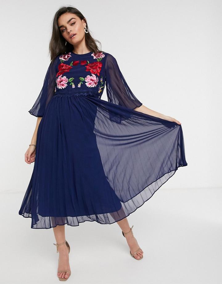 Asos Design Double Layer Pleated Embroidered Midi Dress In Navy