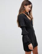 Fashion Union Wrap Dress In Polka Dot With Ruffle Sleeves - Black