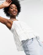 Asos Design Square Neck Pin Tuck Sun Top With Frill Hem In Ivory-white