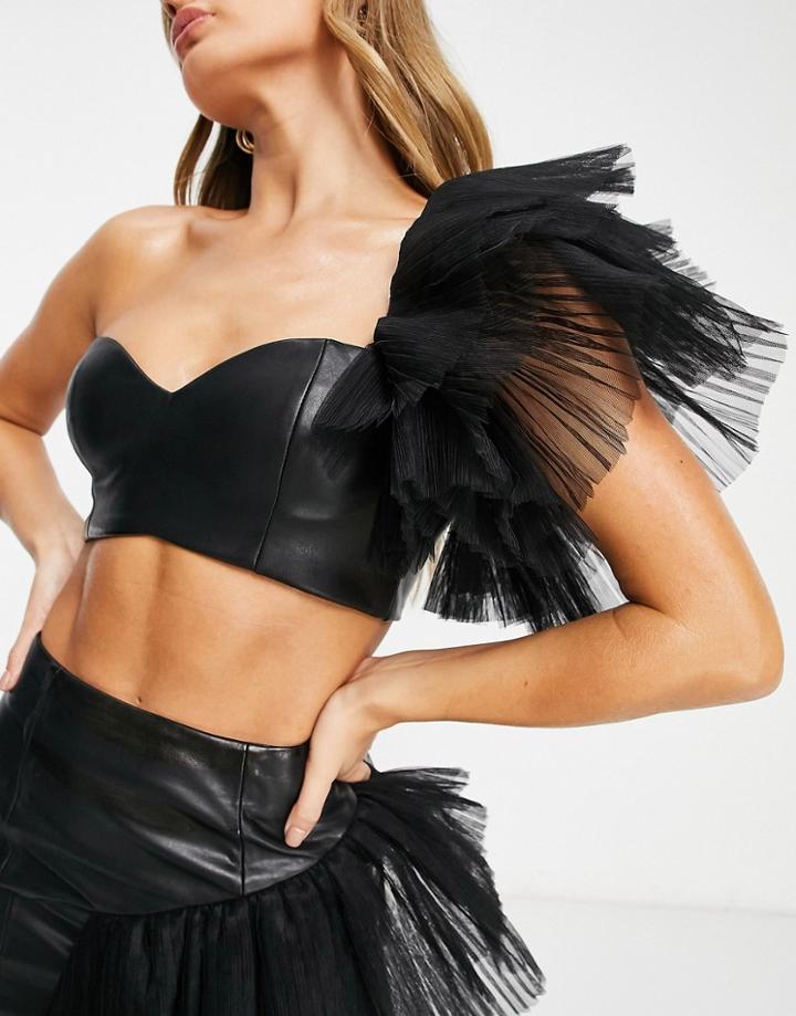 Asos Luxe Leather Look Bandeau Tulle Top In Black