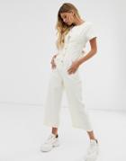 Asos Design Denim Button Through Jumpsuit With Open Back In Ecru - White