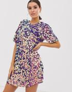 Asos Design T-shirt Mini Dress In Festival Sequin - Pink
