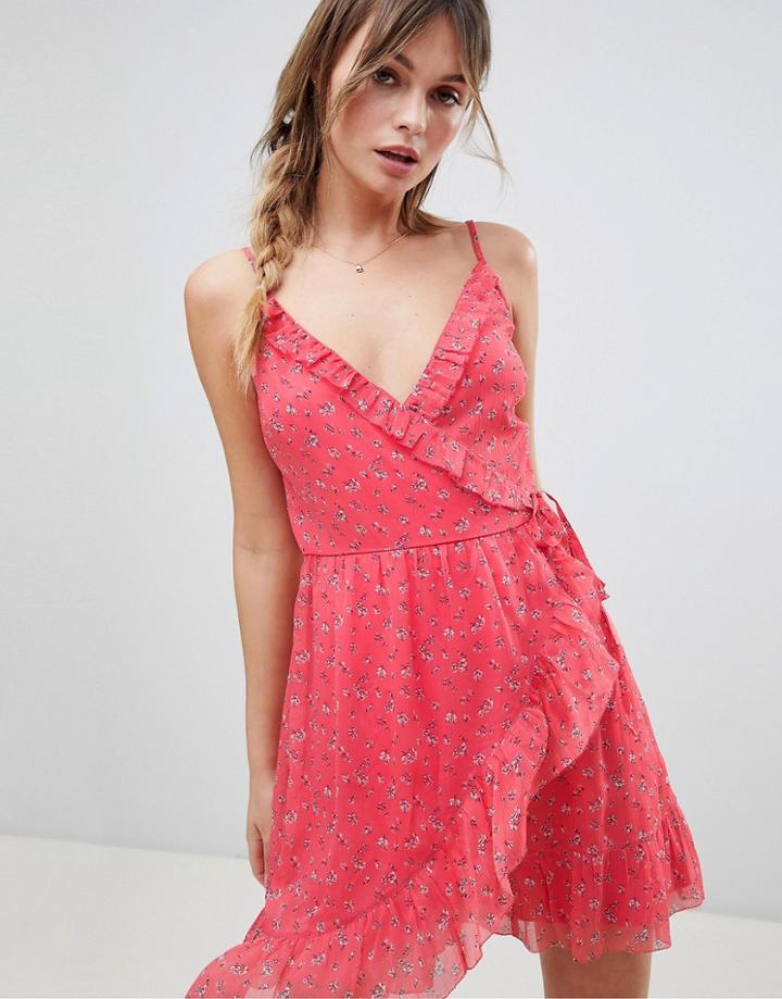 Abercrombie & Fitch Floral Wrap Dress With Frill Detail - Red