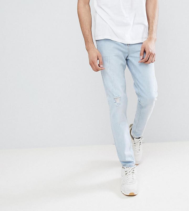 Asos Tall Tapered Jeans In Light Wash Blue With Abrasions - Blue