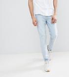 Asos Tall Tapered Jeans In Light Wash Blue With Abrasions - Blue