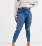 Asos Design Curve Ridley High Waist Skinny Jeans With Rips In Mid Stonewash-blue