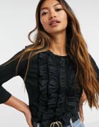 Vila Ruffle Detail T-shirt In Black