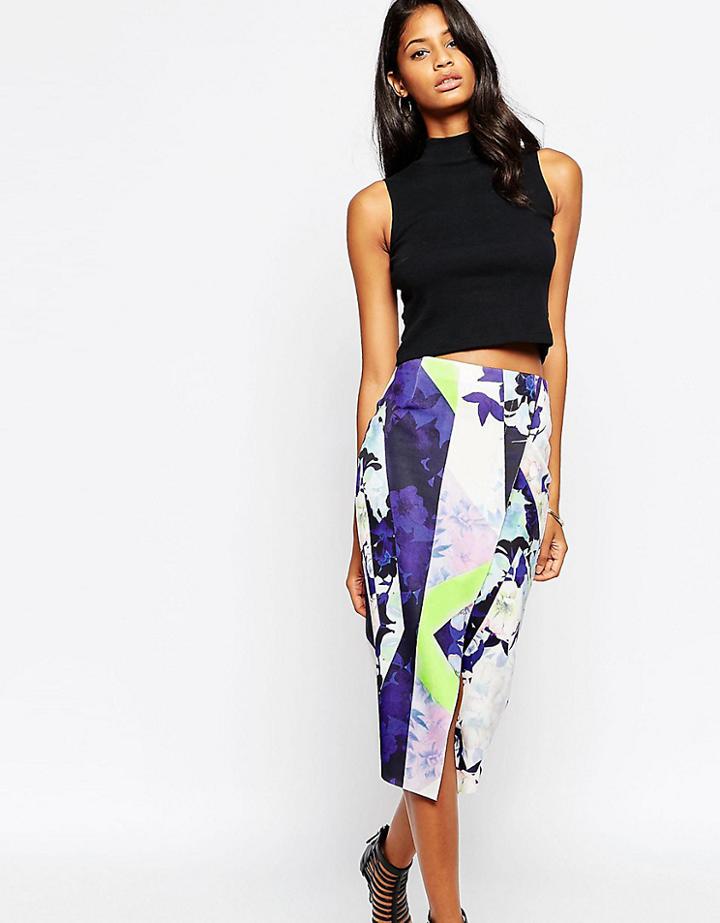 Asos Tall Graphic Floral Scuba Pencil Skirt With Wrap - Multi