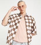 Collusion Checkerboard Revere Summer Shirt In Pink And Brown-multi