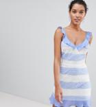 Prettylittlething Exclusive Lace Detail Stripe Dress - Blue
