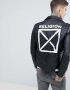 Religion Leather Jacket In Black With Back Print - Black