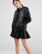 Fashion Union Satin Bomber Jacket With Embroidery - Black