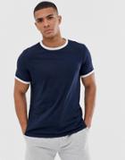 Asos Design T-shirt With Crew Neck With Contrast Ringer In Navy-multi