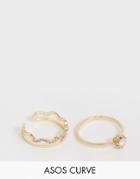Asos Design Curve Pack Of 2 Rings With Faux Stone And Crystal Wave Design In Gold - Gold
