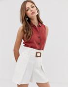 Mango Linen Sleeveless Button Front Blouse In Red - Red