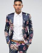 Asos Super Skinny Suit Jacket In Navy Floral Print - Navy