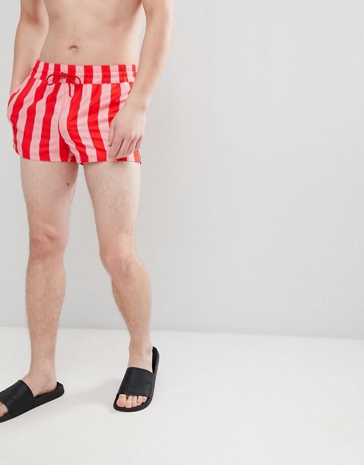 Asos Design Swim Shorts With Pink & Red Stripe In Super Short Length - Multi