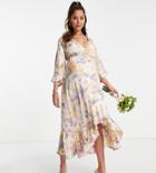 Liquorish Maternity Bridesmaid Satin Wrap Midi Dress With Puff Sleeve In Soft Washed Pastel Floral-multi