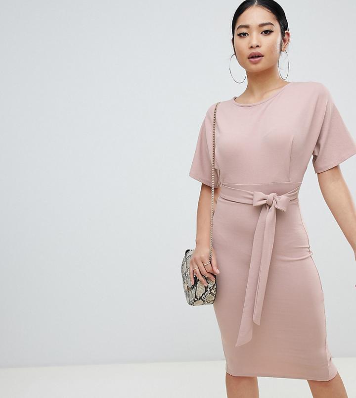Boohoo Petite Tie Waist Midi Dress In Dusky Pink - Pink