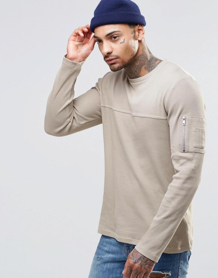 Asos Waffle & Rib Muscle Long Sleeve T-shirt With Ma1 Pocket - Beige