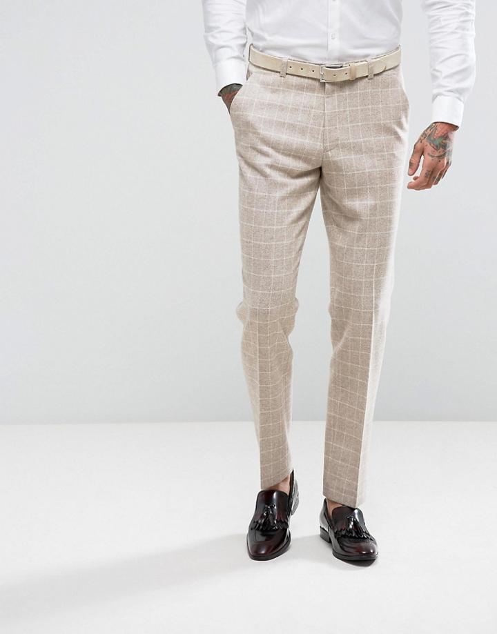 Asos Wedding Tapered Suit Pant In Oatmeal Wool Mix Grid Check - Gray
