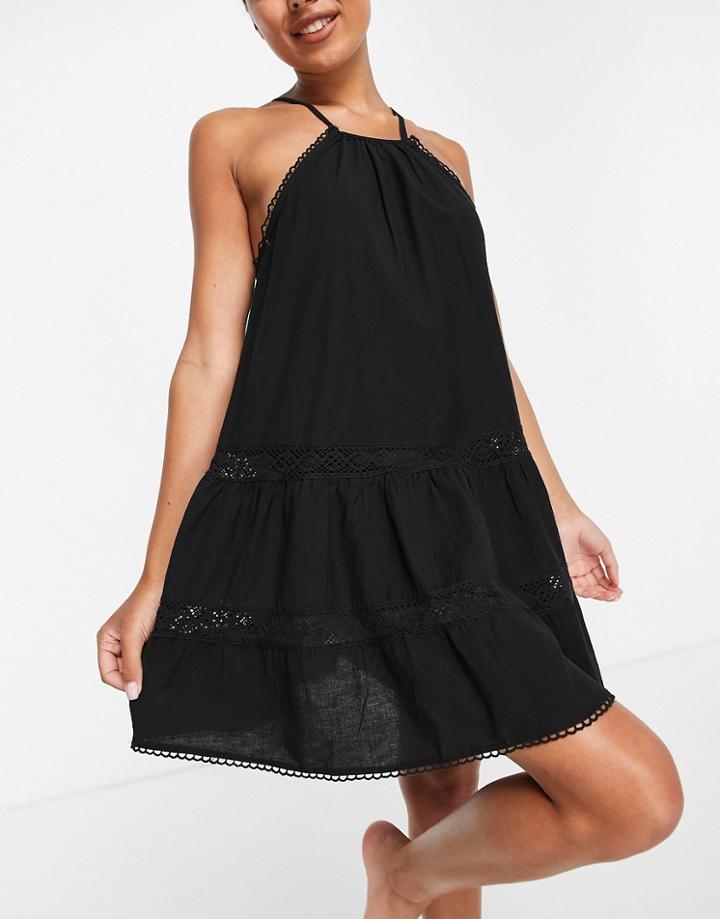 River Island Tiered Halterneck Mini Beach Dress In Black