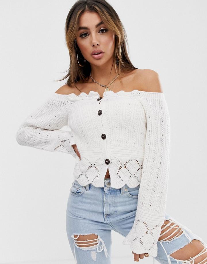 Asos Design Off Shoulder Cardigan With Crochet Trim-cream
