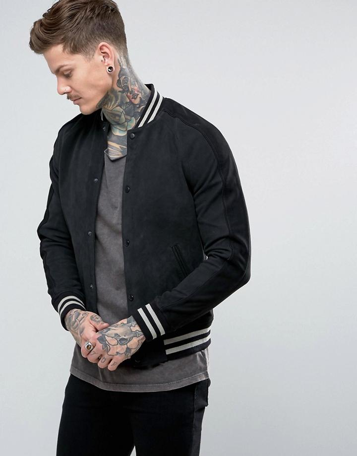 Allsaints Leather Sleeve Varsity Jacket - Navy