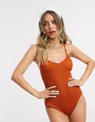 Monki Anna Textured Cross Back Swimsuit In Rust