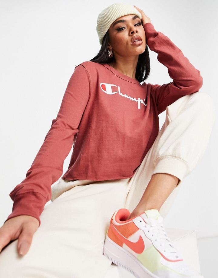 Champion Cropped Long Sleeve Top With Large Logo In Tan-brown