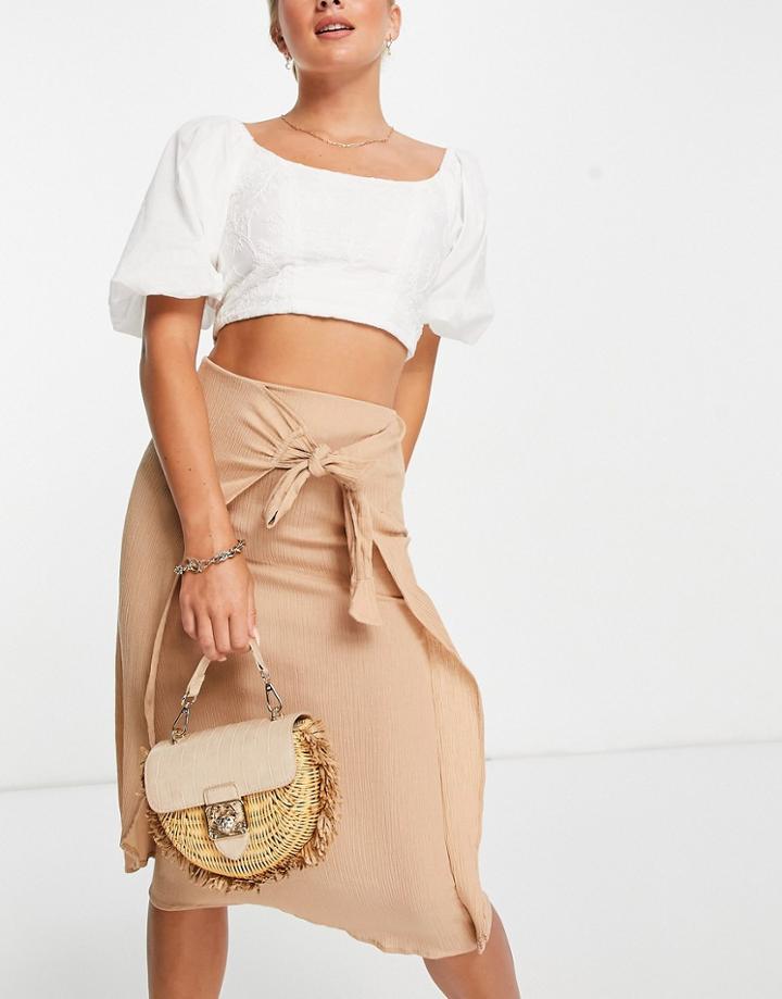 Asos Design Wrap Midi Skirt In Natural Crinkle In Dark Stone-neutral