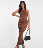 Missguided Slinky Midaxi Dress With Ruched Detail In Brown