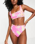 Asos Design Reversible Square Neck Crop Bikini Top In Pink And Bold Abstract Print-multi