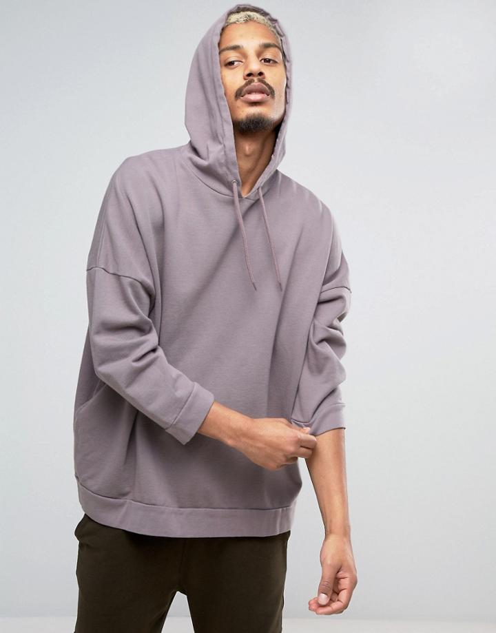 Asos Mid Oversized Hoodie With Wash & 3/4 Sleeves - Purple