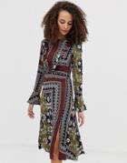 Brave Soul Printed Midi Dress With Bell Sleeves - Multi