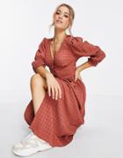 Asos Design Button Through Textured Midi Tea Dress In Rust-brown